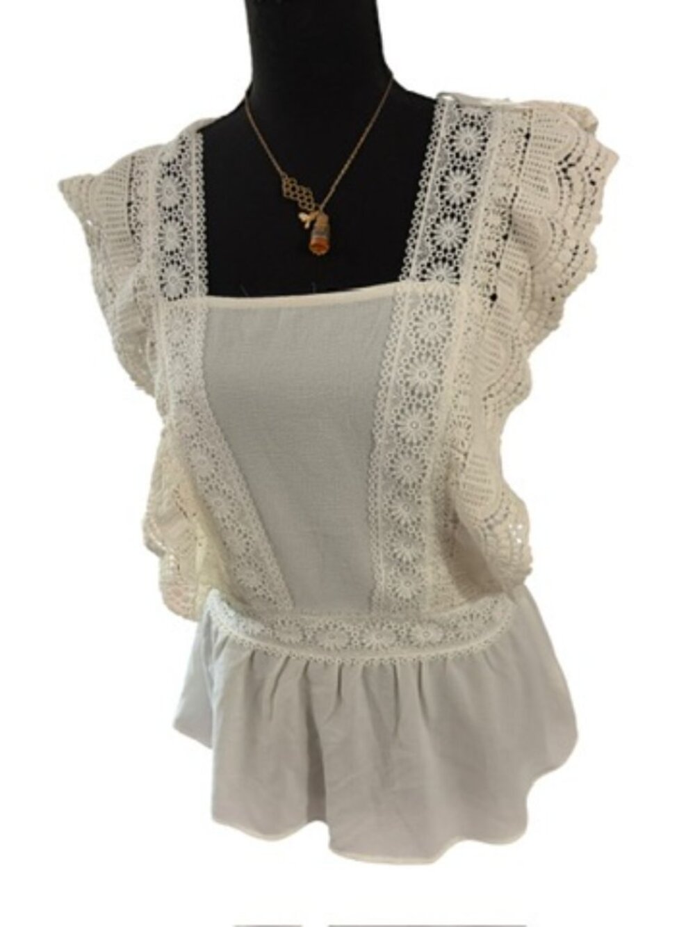 Cottagecore Crochet Lace Peplum Top Flutter Sleeve White Boho Blouse Size